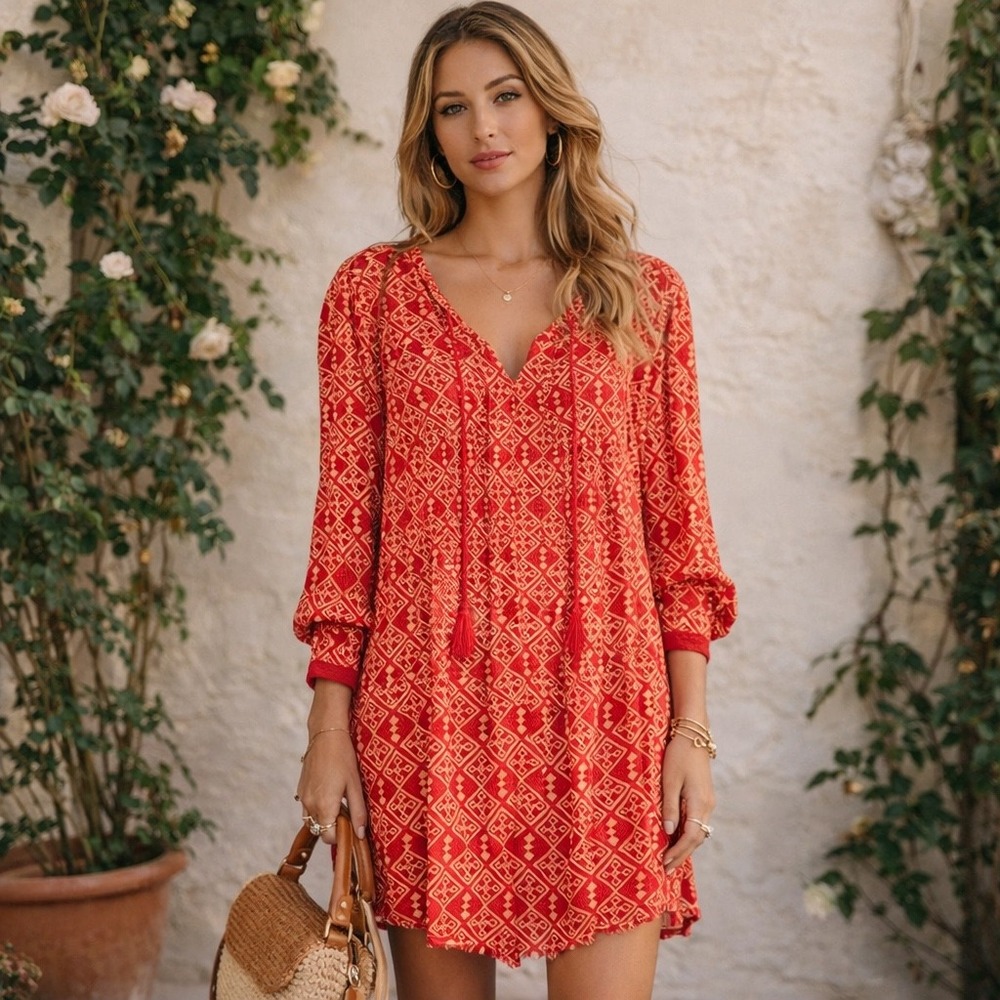 Free People Red Marlow Pintuck Tassel Mini Dress Size Large